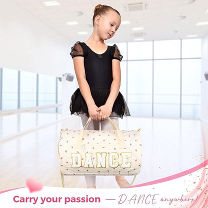 Dance Bag for Girls, KUIRAN 23L Waterproof Travel Duffel Bag with Colorful Chenille Letter, Lightweight Small Gym Sport Ballet Weekender Bag with Large Main Compartment - Strawberry/White