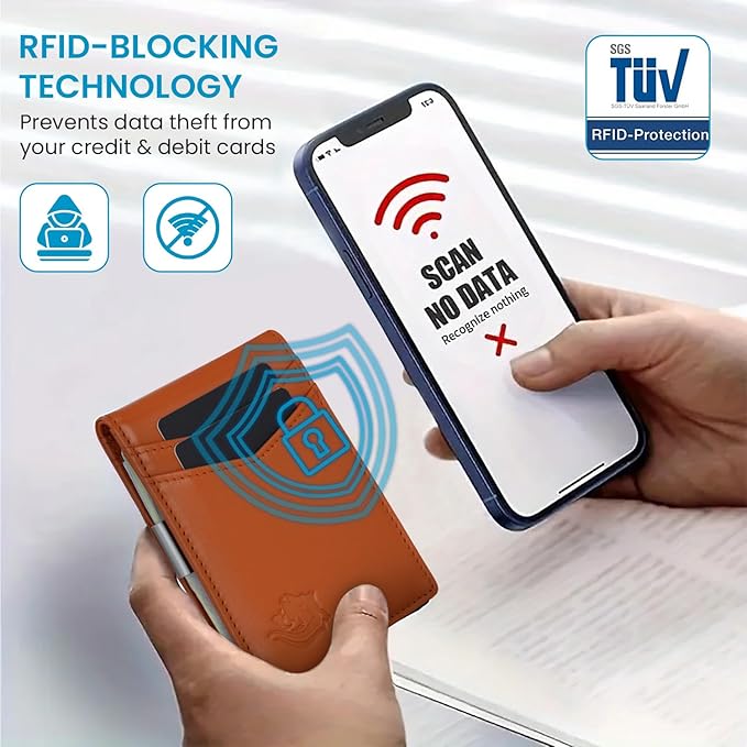 Premium Slim Leather Wallet for Men – RFID Blocking Minimalist Bifold Wallet with Money Clip, 11 Card Slots, Water-Resistant Men's Wallet in Carbon Fiber Design – Stylish and Secure Gift, Tan