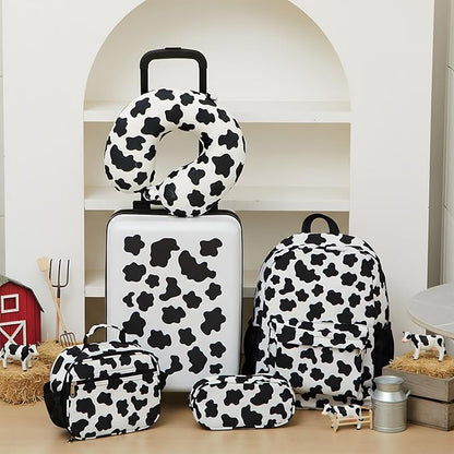 Redbaker 6 Pcs Kids Luggage Set 17 Inch Kids Rolling Luggage Double Pattern Suitcase for Girls Boys School Gift (Black and White,17 Inch,Cow Style)