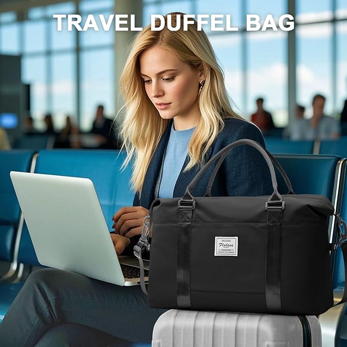 Large Gym Bag for Women Carry on Duffel 18 x 14 x 8 inches Spirit Airlines Travel Essentials Bag Weekender Space Saver Clothes Vacuum Storage Bags with hand pump,Duffle Hospital Luggage backpack Black