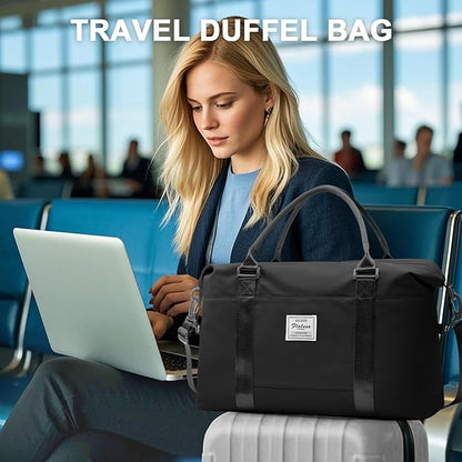 Large Gym Bag for Women Carry on Duffel 18 x 14 x 8 inches Spirit Airlines Travel Essentials Bag Weekender Space Saver Clothes Vacuum Storage Bags with hand pump,Duffle Hospital Luggage backpack Black