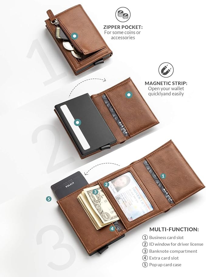 VULKIT Pop up Wallet Minimalist Cash Wallets RFID Blocking Leather Smart Credit Card Holder with Magnetic Closure for Men
