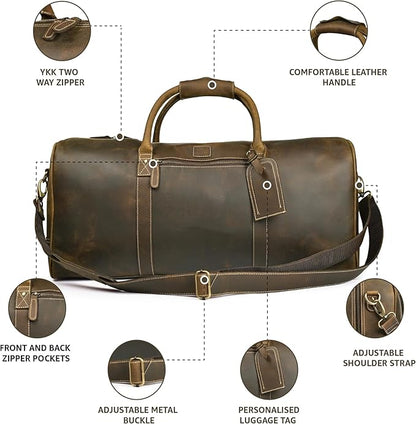 Leather Village Leather Duffel Bags for Men & Women-Stylish Travel Weekender Carry-On Sports Gym Overnight Luggage Bag - 20 Inch - Olive/Army Green