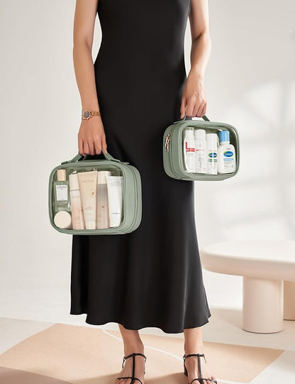 Clear Cosmetic Bag Double Layer Travel Toiletry Bag Clear Makeup Bag Case with 4 Compartments, Transparent Travel Bag for Toiletries, Large Toiletry Bag for Women Cosmetic Case (Sage Green, Small)