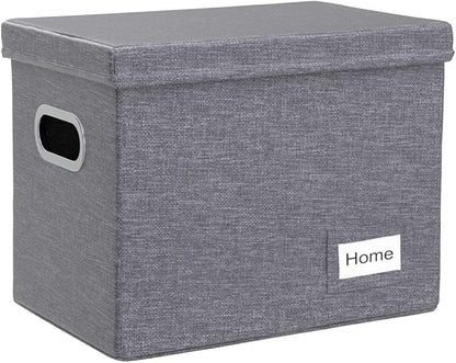 PRANDOM File Organizer Box - Set of 1 Collapsible Decorative Linen Filing Storage Hanging File Folders with Lids Office Cabinet Letter Size Grey (14x9.3x10.8 inch)