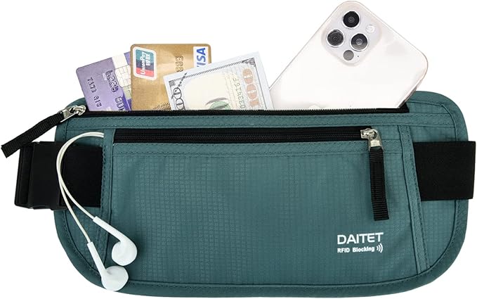 RFID Blocking Money Belt for Men Women, Slim Fanny Pack for Travel，Running,Conceal Waist Wallet for Passport Holder,Phone,Cash(Black Turquoise)