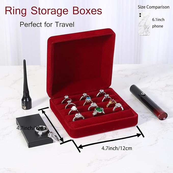 Ring Storage Boxes for Multiple Rings, Velvet Compact and Stylish Travel Jewelry case, Portable Small jewelry Organizer Box Tray Gift for Women, Girl(Red)