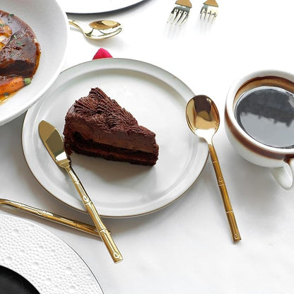 Silverware Serving Set Gold Flatware Set Stainless Steel Bamboo Handle Cutlery Set Mirror Polished 45 Pieces for Home Kitchen Restaurant Hotel Wedding Housewarming Gift Service for 8