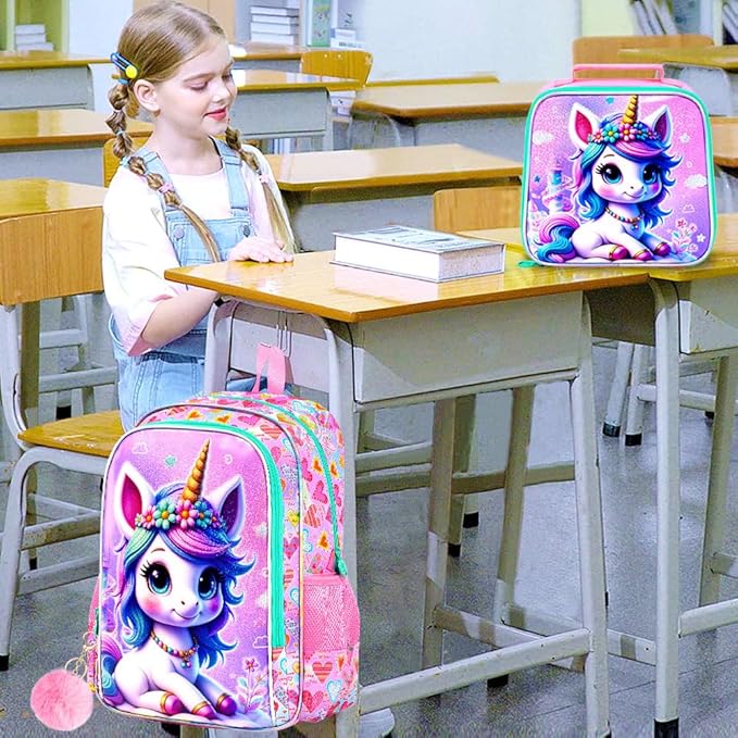 WZLVO 3PCS Kids Backpack for Girls, Unicorn Dinosaur Animal Prechool Elementary Kindergarten School Bookbag with Lunch Box