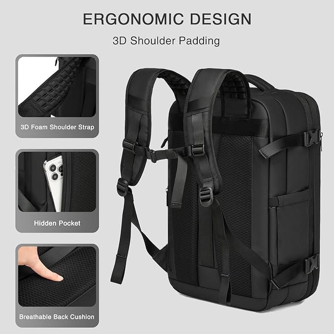 Vacuum Seal Travel Backpack 45L - Expandable Air Compression System, Water-Resistant, Carry-On Suitcase Luggage with TSA Lock Fits 18" Laptop - Vacuum Pump Included(Black)