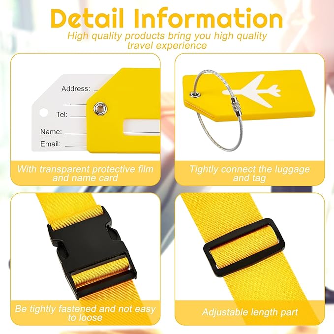 Weewooday 8 Pcs Luggage Straps Suitcase Tags Set for TSA Approved, 4 Travel Adjustable Suitcase Belt, 4 Silicone Luggage Tags with Name ID Card Travel Accessories(Yellow,Airplane)