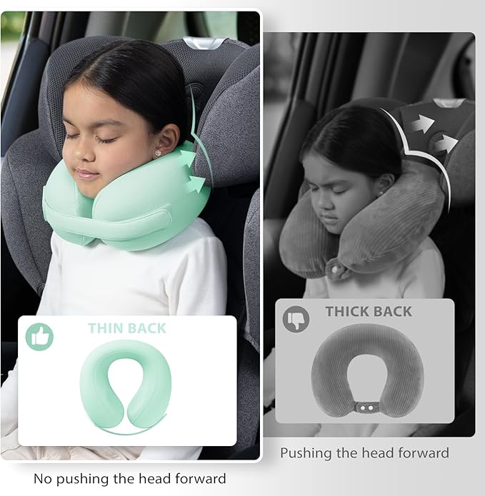 Car Pillow for Little Kids Travel Neck Pillows, Memory Foam Neck Support Travelling Pillow with Washable Cotton Pillowcases and Storage Bag, for Airplane, Train, Flight and Home Use Green
