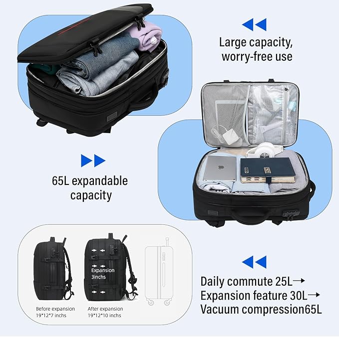 Vacuum Seal Travel Backpack W/Pump Built-in - 60L Water-Resistant Carry-On Vacuum Backpack Travel Bag Expandable Air Compression System with TSA Lock Fits19 Laptop (Black)