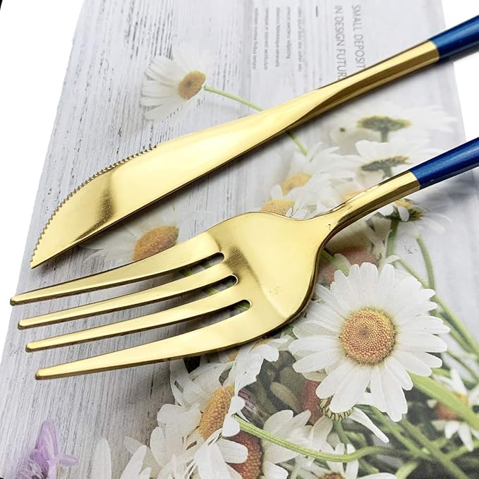 JASHII Blue Gold Silverware Set, 20-Piece Stainless Steel Satin Finish Flatware, Kitchen Utensils, Mirror Polished Tableware Cutlery for Home and Restaurant, Dishwasher Safe