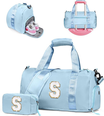 Presents For Girls-Girl Gym Bag with Shoe Compartment, Kid Personalized Weekender Overnight Bags, Travel Tote with Makeup Pouch, Gift for 3 4 5 6 7 8 9 10 11 12 Year Old Girls (Letter S)