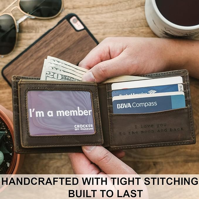 STAY FINE Personalized Wallet for Men, Custom Engraved Leather RFID Blocking Bifold, 2 ID Windows, 8 Card Slots, Gift for Him, Brown