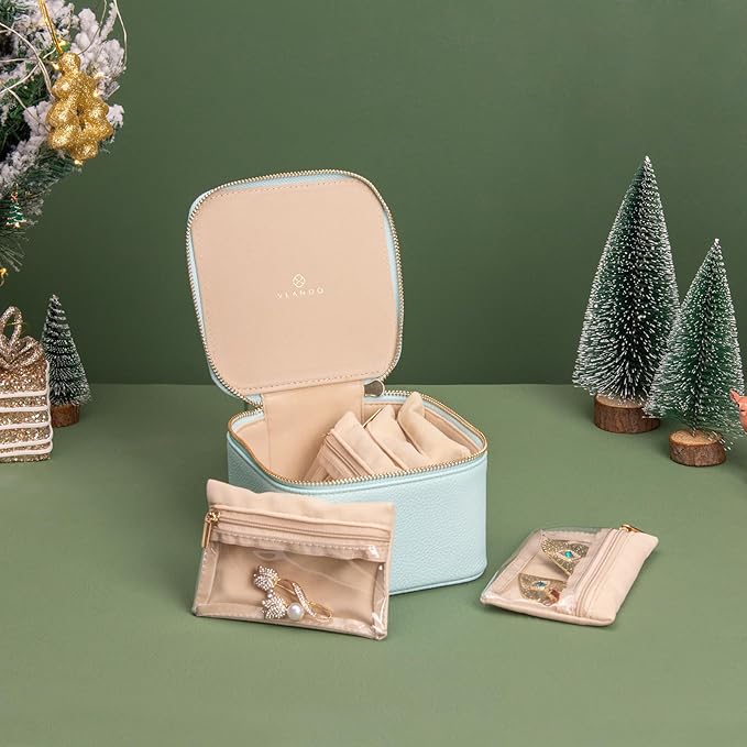 Vlando Travel Jewelry Box for Women Faux Leather Jewelry Box with 6 Velvet Jewelry Zipper Pockets Earrings Necklace Rings Storage Boxes Christmas Gift for Mom Wife(Lake Blue)