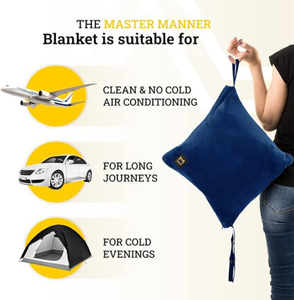 Travel Blanket Airplane Compact with Hoodie – 2in1 Airplane Travel Accessories from Plane Blanket to Travel Pillow with Luggage Strap, Soft Handle & Secure Pocket (Navy Blue, 62x41'')