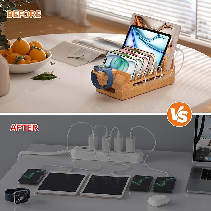 Pezin & Hulin Bamboo Charging Station with Watch Stand, Docking Holder for Multi Device with 5 Port USB Charger HUB, 5 Charge Cables, Desktop Electronic Organizer for Cellphone, Tablet, Watch