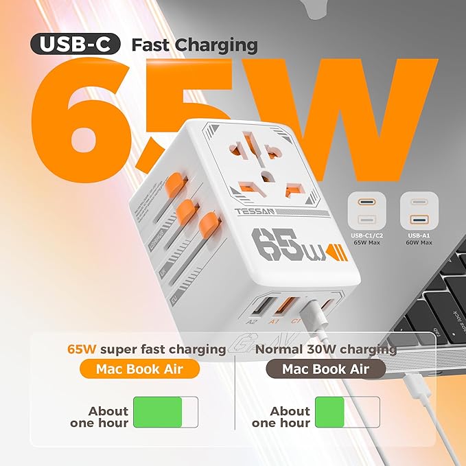 TESSAN Universal Travel Adapter, 65W GaN International Plug Adaptor with 4 USB(2 USB C) Charging Ports, Worldwide Power Outlet for US to European EU UK AUS Ireland(Type C/G/A/I)