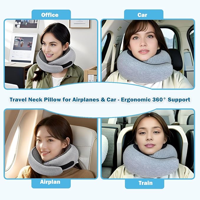 Travel Neck Pillow for Airplane, Adults Memory Foam Neck Pillow for Traveling, Ergonomic Neck Support for Airplane Sleeping, Car, Airport Travel Pillow, Portable Adults Turtle Plan Pillows (Grey)