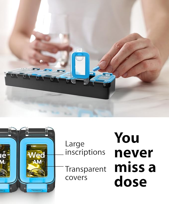 Weekly Pill Organizer 1 time a Day – Pill Box 7 Day with Enhanced Waterproof Seal, Large compartments Hold Big Vitamins & Supplements, Upgraded Locking lids, for Home & Travel use, Durable Hard case