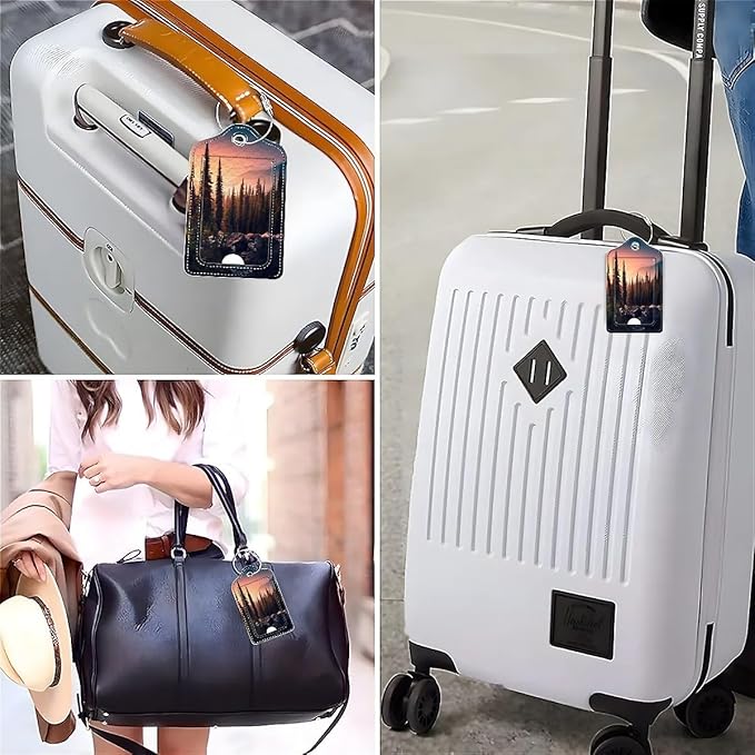 Funny PU Leather Luggage Tags 2-Pack Suitable for Suitcase Stainless Steel Loop and Address Card Essential with Cruise and Airport Travel Mountain Dreams Tree Cute Pattern