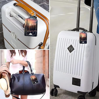 Funny PU Leather Luggage Tags 2-Pack Suitable for Suitcase Stainless Steel Loop and Address Card Essential with Cruise and Airport Travel Mountain Dreams Tree Cute Pattern