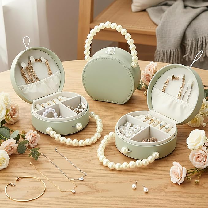 Weysat 8 Pack Travel Jewelry Case Bulk Mini Bridesmaid Jewelry Box Small Earring Storage Organizer for Women Proposal Gifts(Green, Leather)