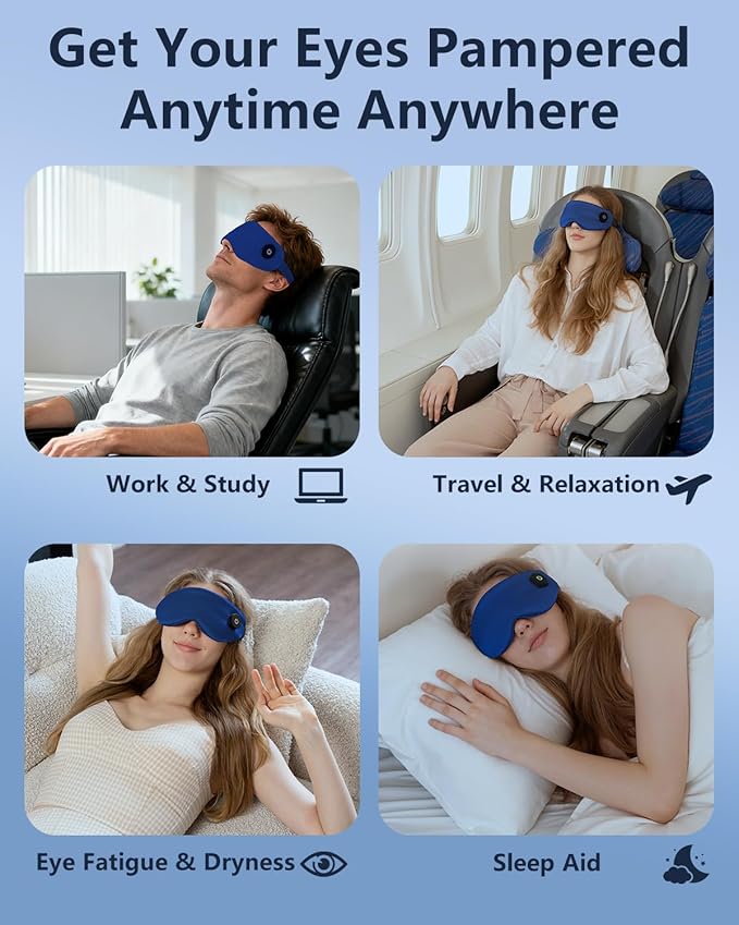 Heated Eye Mask for Dry Eyes & Stye Relief, 100% Mulberry Silk Sleep Mask with 3 Heat Levels & Auto-Off, Rechargeable & Washable Warm Eye Compress, Graphene Wireless Heating Pad for Travel & Gifts