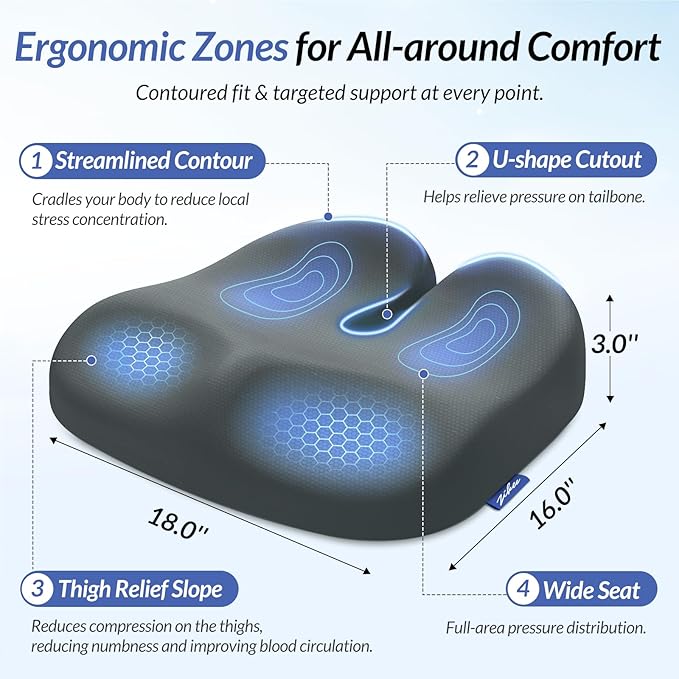 ZIKEE Ergonomic Seat Cushion with Thigh Relief Slope, Office Chair Cushion with Premium Memory Foam for Car, Home, U-Shaped Design Alleviates Hip, Tailbone Pain, Anti-Slip Sciatica Pain Relief (Gray)