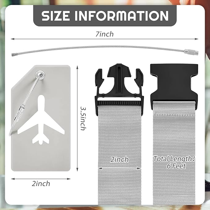 Weewooday 8 Pcs Luggage Straps Suitcase Tags Set for TSA Approved, 4 Travel Adjustable Suitcase Belt, 4 Silicone Luggage Tags with Name ID Card Travel Accessories(Light Gray,Airplane)