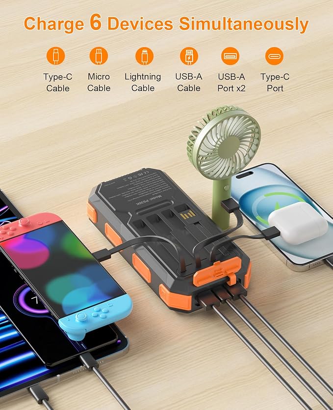 Solar Power Bank 38800mAh, Portable Charger, 4 Cables 4 Ports, PD22.5W Fast Charging External Battery Pack with USB C for Cell Phones, Solar Charger with Dual Flashlight, Perfect for Camping Travel