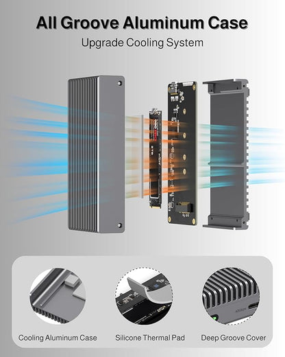 Noiseless 40Gbps M.2 NVMe Enclosure, USB C Aluminum External SSD Enclosure Compatible Thunderbolt4/3 8TB SSD Adapter, PCIe Gen4 M.2 SSD Reader Fits 2280/2260/2242/2230mm M B+M Key
