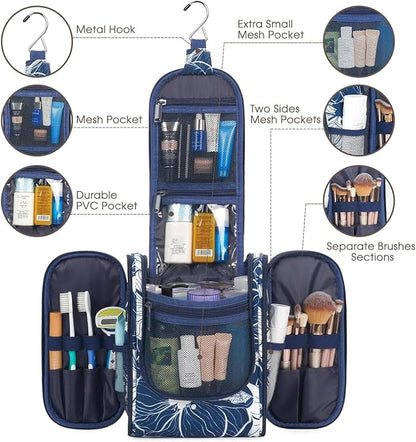 Narwey Small Hanging Travel Toiletry Bag Cosmetic Make up Organizer for Women and Men (Medium, Blue Lotus)