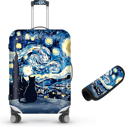 Suitcase Cover for Luggage 25-28 Inch, Washable Elastic Anti-Scratch Luggage Protector, Durable Zipper Baggage Cover with Handle Wrap, Travel Accessories for Suitcase, Starry Night Cat