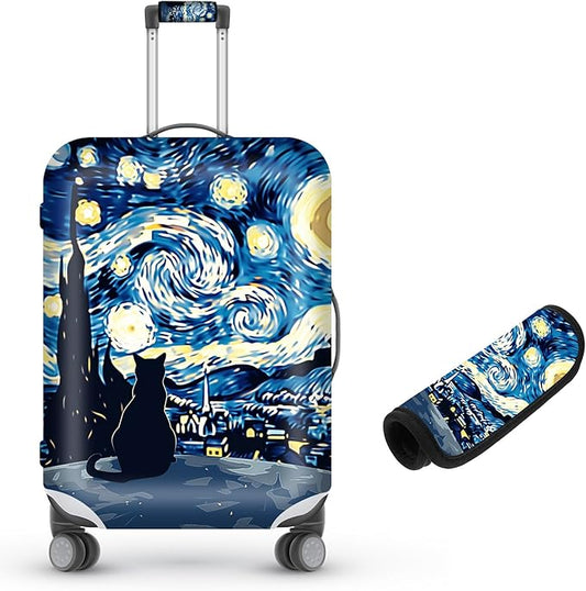 Suitcase Cover for Luggage 25-28 Inch, Washable Elastic Anti-Scratch Luggage Protector, Durable Zipper Baggage Cover with Handle Wrap, Travel Accessories for Suitcase, Starry Night Cat