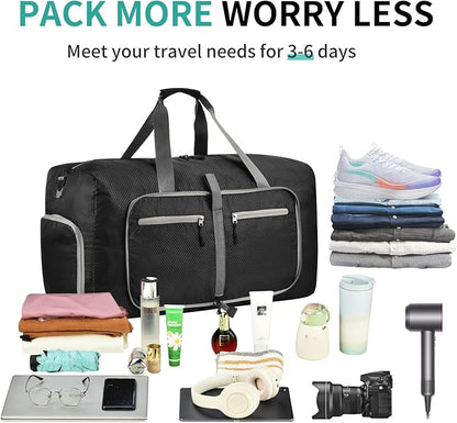 Dimayar Travel Duffle Bag for Men Women - Foldable Duffel Bag with Shoes Compartment - Overnight Bags Waterproof & Tear Resistant(40L,Black)