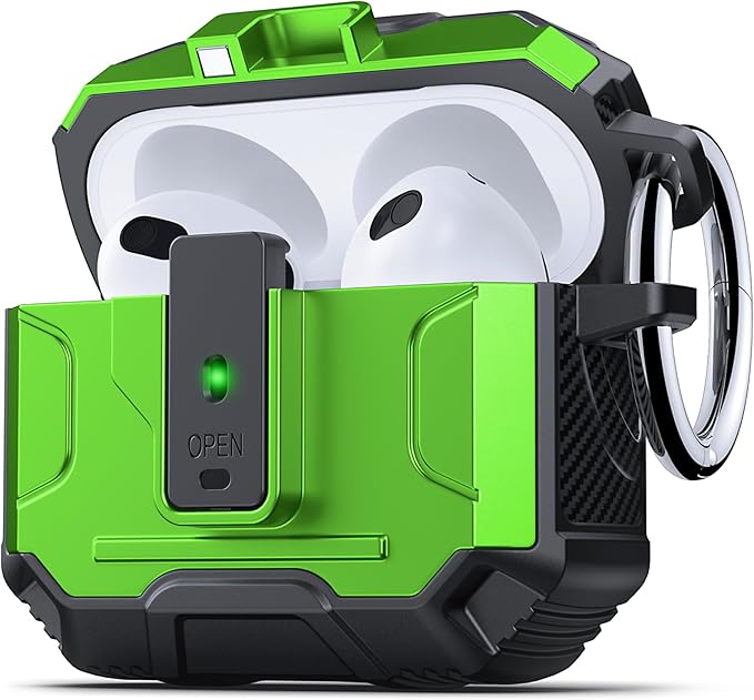 DASFOND Armor Cover Airpods 3 Generation Case, Military Grade Full Body Shockproof Protection Hard Case, Support Wireless Charging with Keychain, Magnetic Lid, Front LED Visible, Grass Green