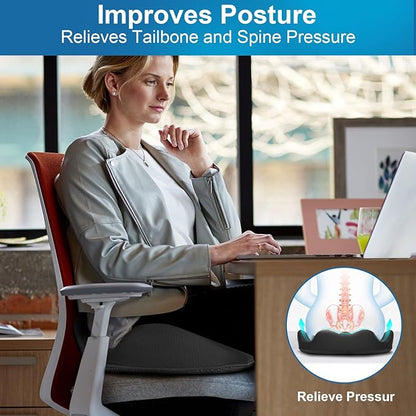 PilloVive Memory Foam Seat Cushion for Office Chairs & Car Seat - Ergonomic Office Desk Seat Cushion- Doctor Recommended for Tailbone & Sciatica Pain Relief & Back Support(Black)