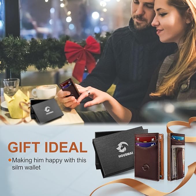 Magnetic Closure Slim Wallet for Men with Money Clip Gift Boxed,Genuine Leather Front Pocket Wallet, 3.9"x 2.7", RFID Blocking