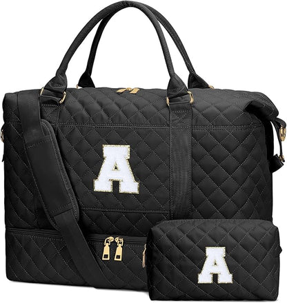 Gifts for Women Girls Initial Travel Duffle Bag Quilted Weekender Carry-On Overnight with Cosmetic Bag, Gym Bag with Shoe Compartment, Black A