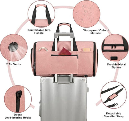 Convertible Garment Bags for Travel, 58L Capacity Garment Duffle Bag Carry on Garment Bag Weekender Travel Backpack, 4 in 1 Suit Bag with Shoes Compartment for Men Women,Pink