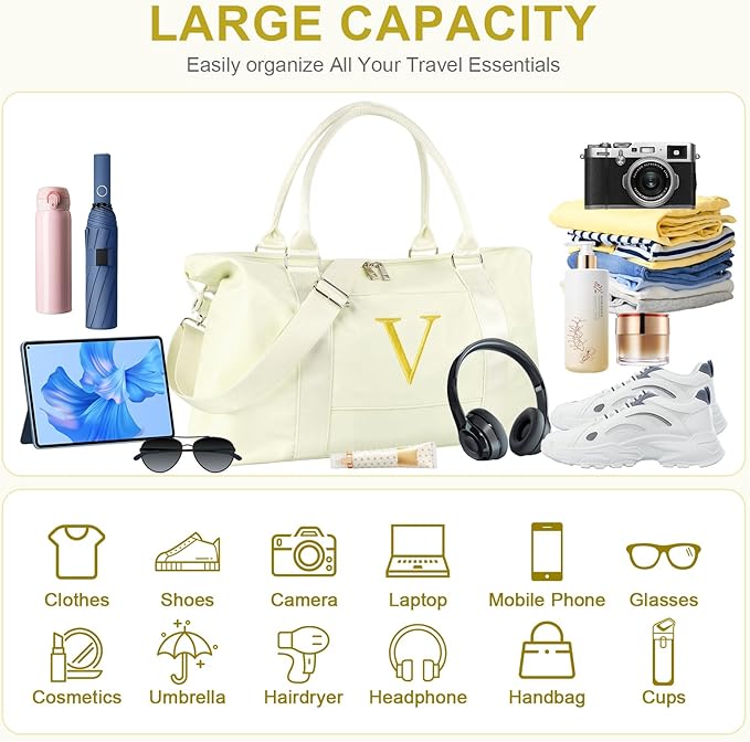 Personalized Initial Gym Dance Bag, Travel Duffel Bag for Teen Girls, Carry On Bag Overnight Weekender Bag with Trolley Sleeve, Birthday Gifts for Women Mom Daughter Graduation Gift(Letter V, Beige)