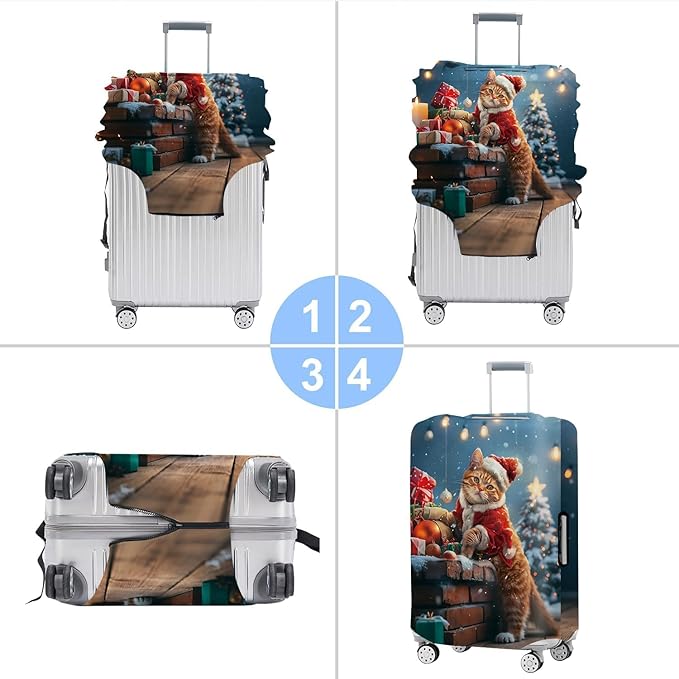 Christmas Cat Luggage Cover – Cute Santa Kitty Suitcase Protector, Holiday Travel Luggage Sleeve, Stretchable & Waterproof,L