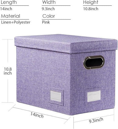 PRANDOM File Organizer Box - Set of 2 Collapsible Decorative Linen Filing Storage Hanging File Folders with Lids Office Cabinet Letter Size Purple (14x9.3x10.8 inch)