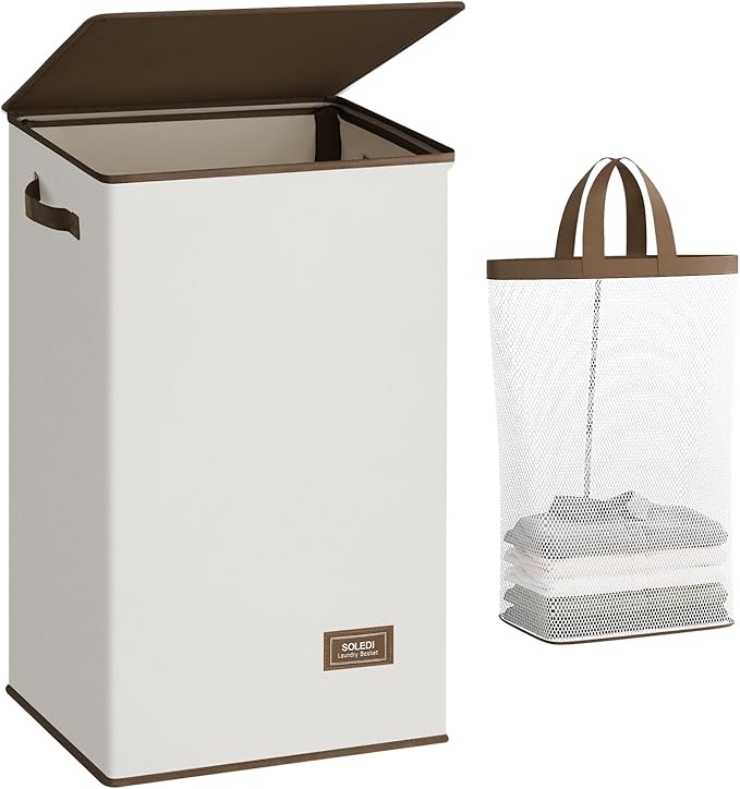 SOLEDI Laundry Hamper with Lid 90L Large & Tall Collapsible Laundry Basket, Clothes Hamper with Bag Removable Easy to Carry, Dirty Hampers for Bedroom, Bathroom, Dorm, College, Beige