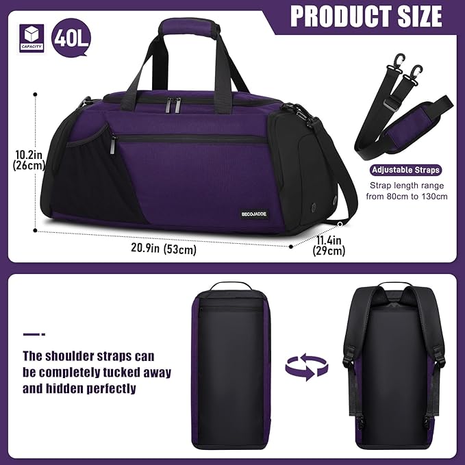 Gym Bags for Men Women 40L Large Gym Backpack Multiple Pockets Sport Duffle Bags with Shoe & Wet Compartment for Workout Travel Weekend Overnight Purple