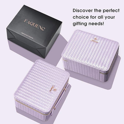 Leather Makeup Case with LED Lighted Mirror 11.4 Inch Travel Makeup Bag Adjustable Brightness in 3 Colors Cosmetic Organizer Artist Storage Bag with Dividers Brush Holder Bag Vanity Shiny Purple