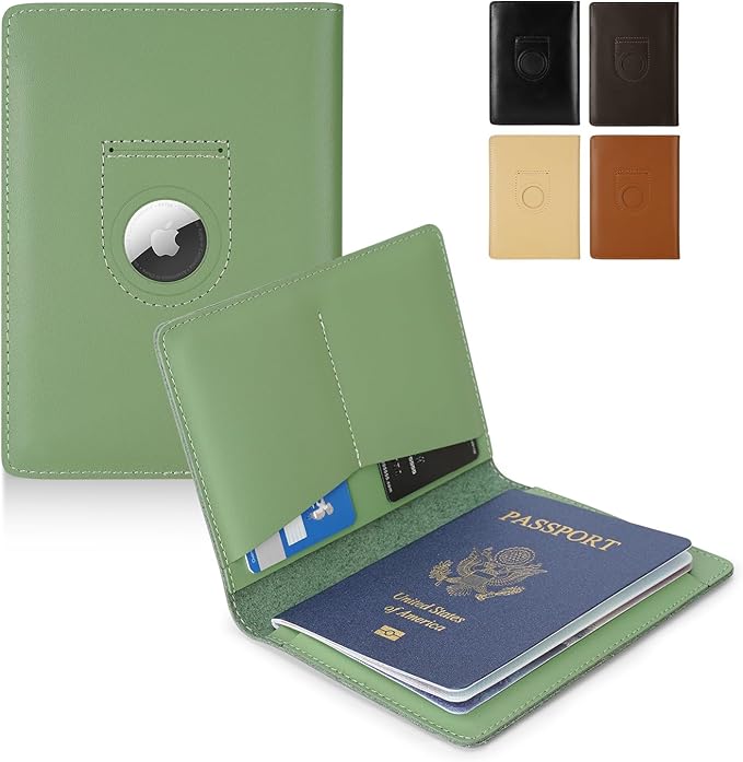 Full Grain Leather AirTag Passport Holder Wallet Cover for Men and Women Travel, Passport Holder with AirTag Slot Passport Wallet, Travel Essentials Genuine Leather Passport Cover Gifts (Green)